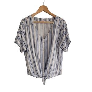 Como Vintage Blue and White Stripe Tie Front Cropped Top Plus Size XXL